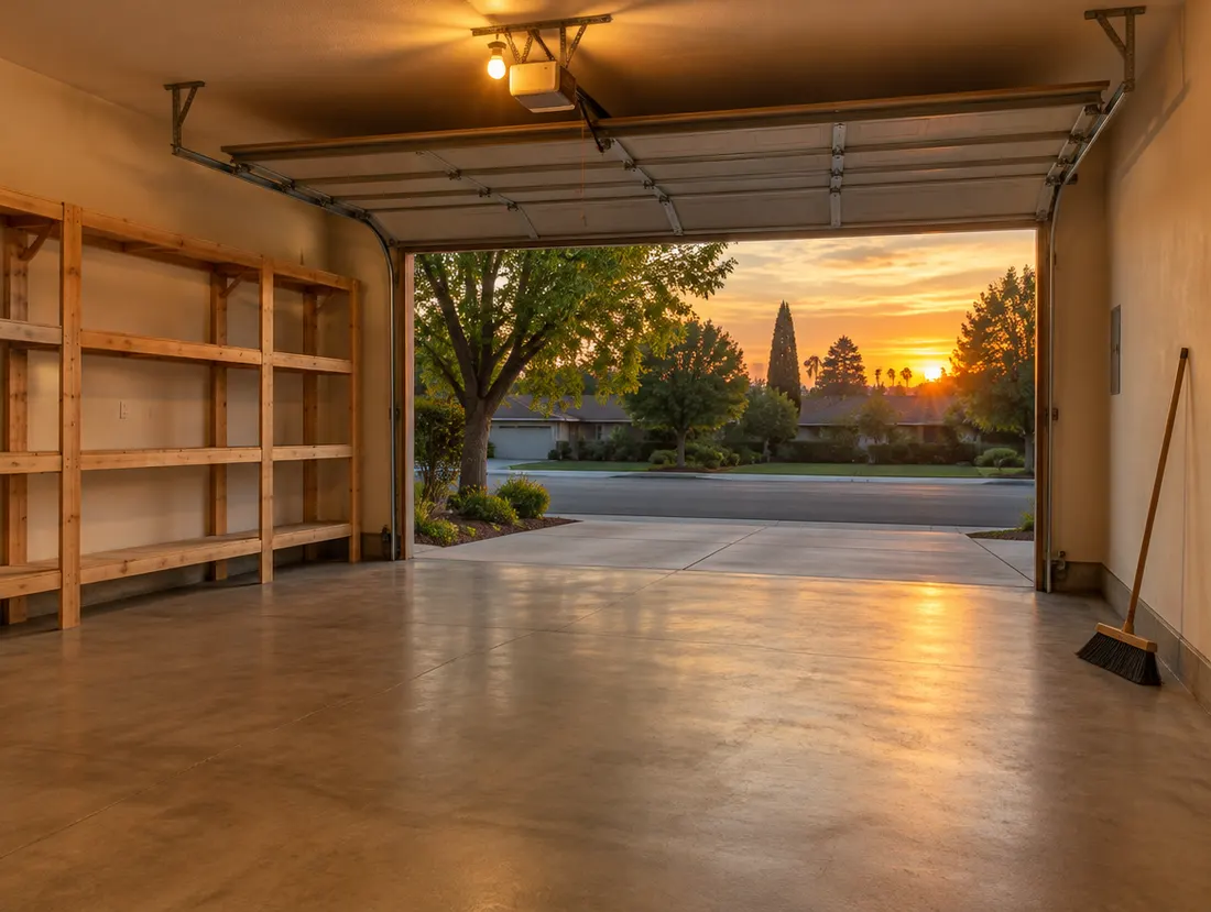 A cleared, swept two-car garage at sunset with the door open to the street
