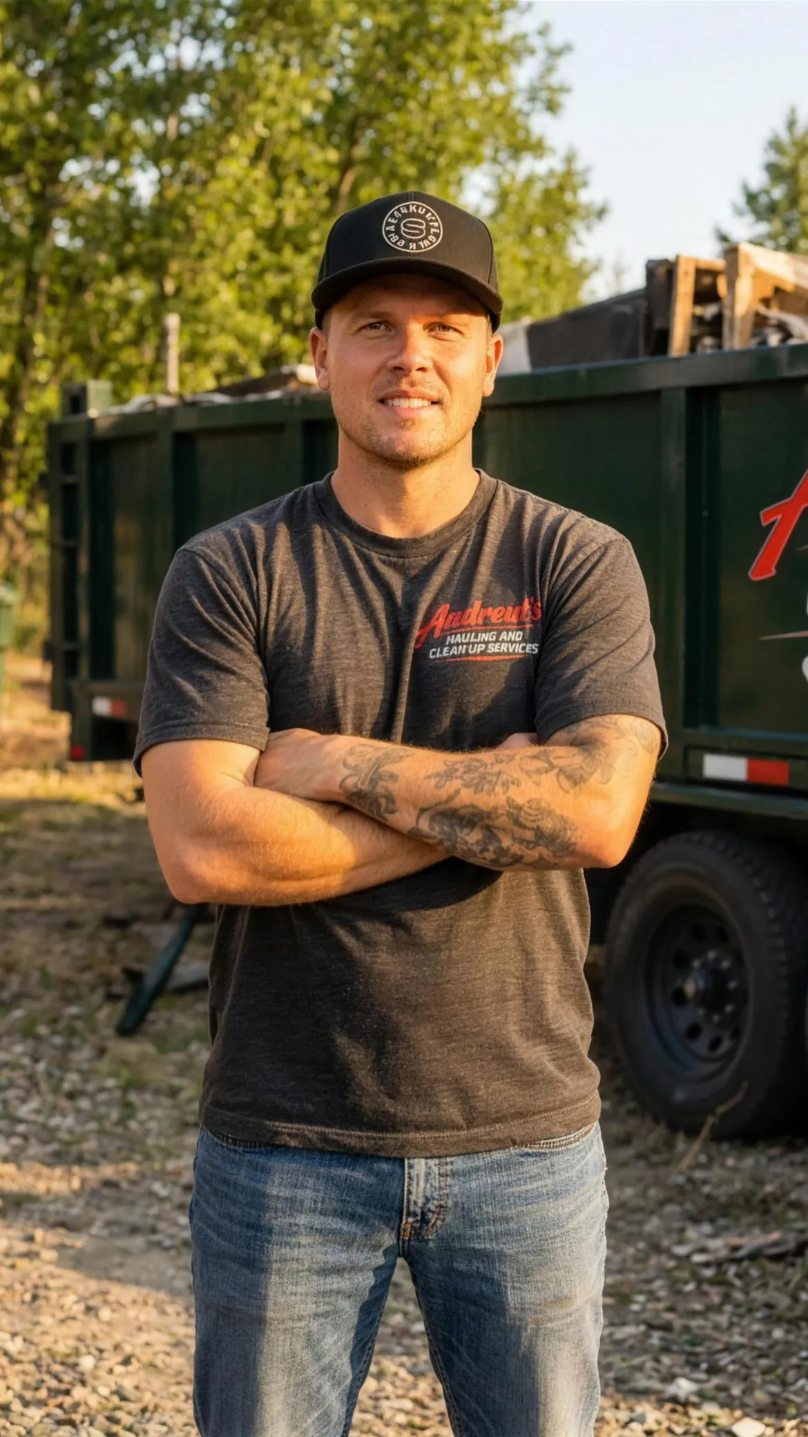 The owner of Andrew's Hauling standing with arms crossed in front of his green dump trailer